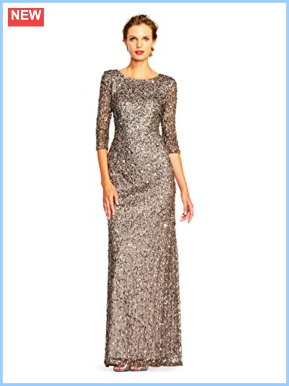 Sequin Beaded 3/4 Sleeve Scoop Neck Mermaid Formal Gown